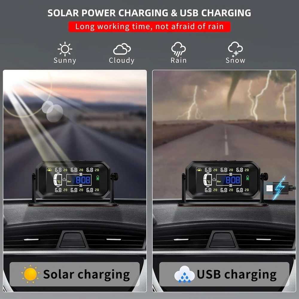 Kaolali tpms padangų slėgio stebėjimo sistema, saulės energija įkraunama padangų slėgio stebėjimo sistema, realaus laiko slėgio ir temperatūros stebėjimas, laiko rodymas, su 6 išoriniais padangų slėgio jutikliais