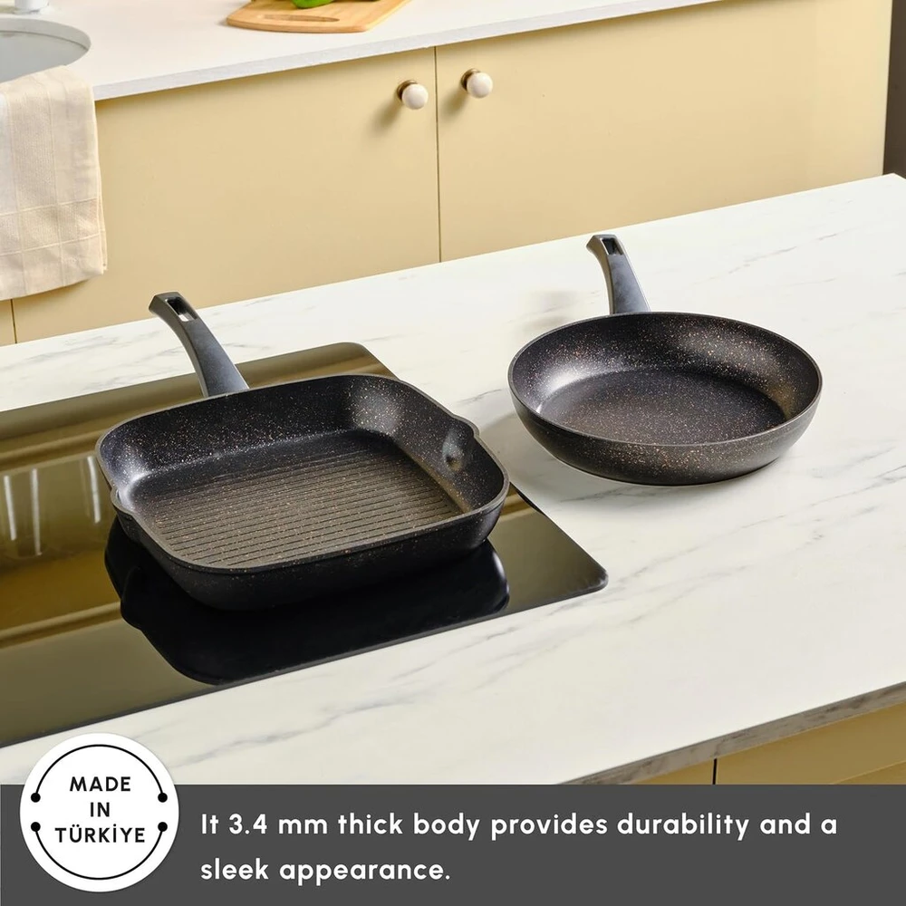 Karaca Biogranite indukcinė keptuvių rinkinys, 2 dalys, juodas auksas, keptuvė ir kiaušinių keptuvė, organinis granitas, keptuvė, kiaušinių keptuvė, nelipni funkcija, pažangios technologijos, namų ūkiams ir šeimoms