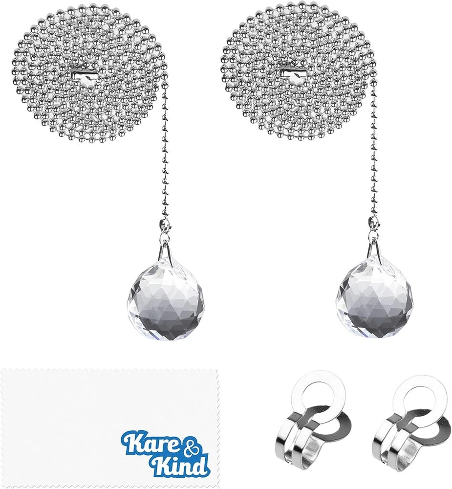 Ventiliatorius Kare & Kind Krištolinio rutulio lubų ventiliatoriaus ir šviestuvo traukimo grandinėlės - 2 x Krištolinio rutulio traukimo grandinėlių rinkinys - Elegantiškas krištolinis rutulys su 1 m traukimo grandinėle