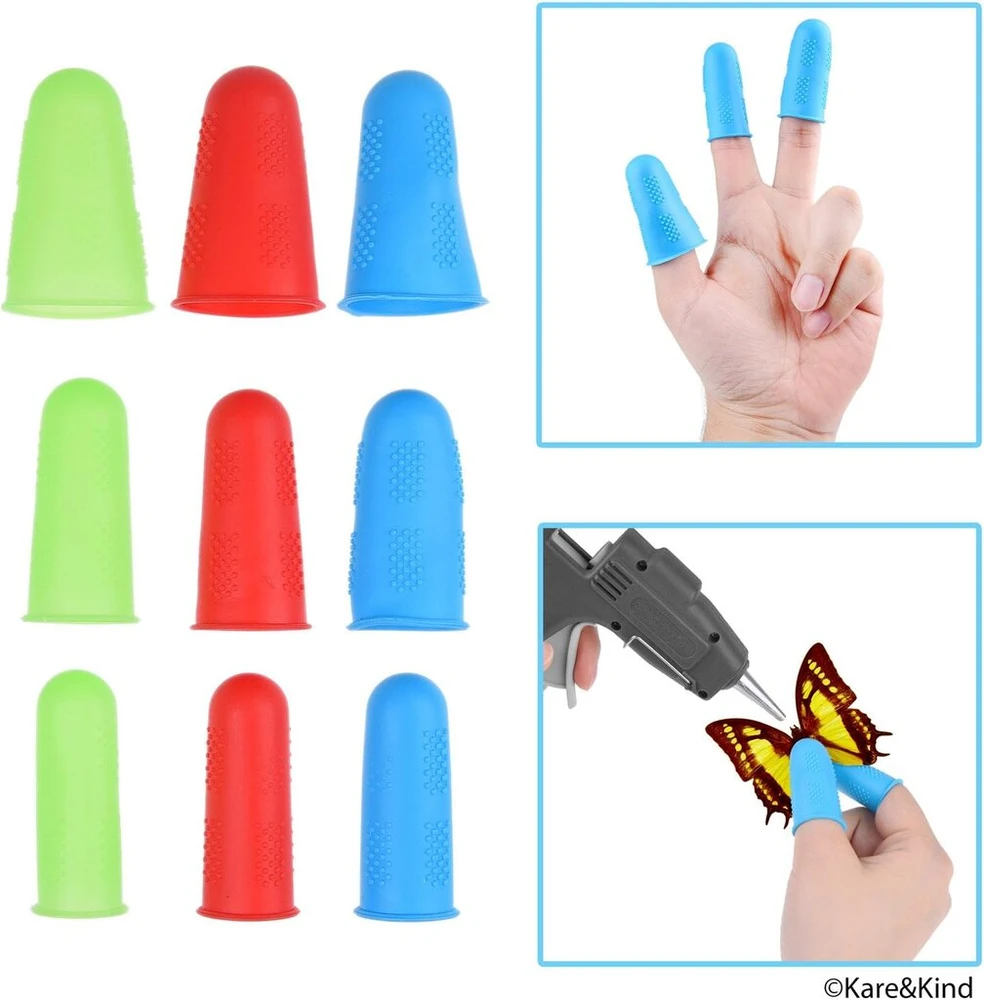 Kare & Kind silikoniniai pirštų antgaliai karšto lydymo klijų pistoletui, skirti apsaugoti pirštus nuo karšto vaško, kanifolijos, dervos, medaus klijų, skirti scrapbooking'ui, siuvimui, 3 dydžių, mėlyni, raudoni, balti