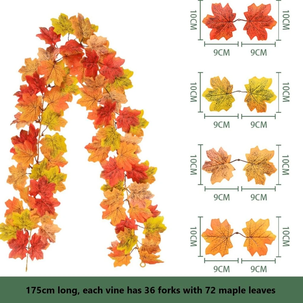 Karlor dirbtinių klevo lapų girlianda, 2 vienetai, 176 cm, dirbtinės rudeninių lapų vijoklių šilkinės klevo lapų girliandos, dirbtiniai klevo lapai, kabantis augalas, rudens dekoracija namų sodui, Helovinas