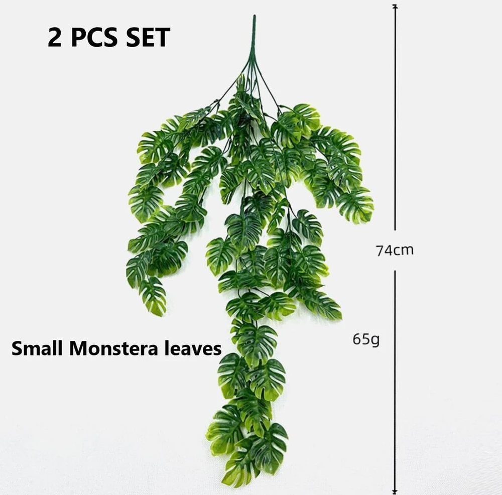 Karlor Monstera dirbtinis augalas pakabinimui, 2 vnt., 74 cm, dirbtinis augalas, pakabinami dirbtiniai augalai pakabinimui, Monstera, smulkūs lapai, pakabinami augalai vidaus, lauko dekoravimui