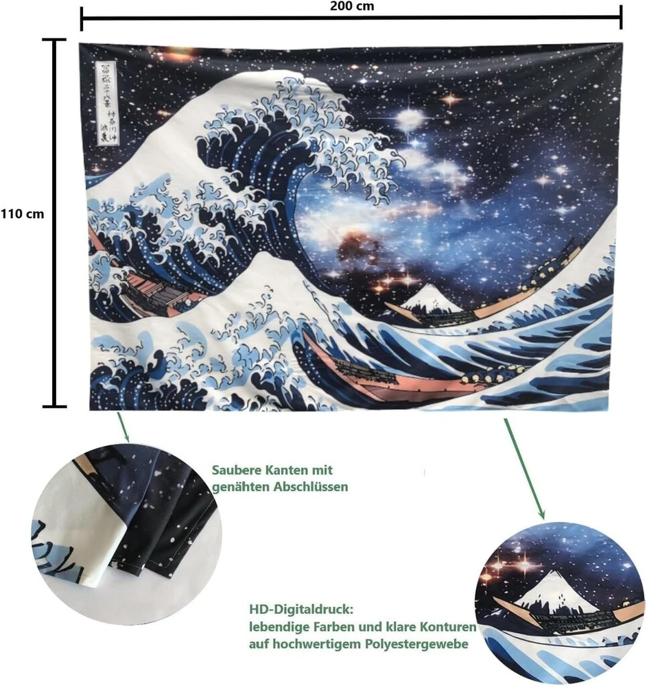 Karma-x Didelis 150 x 200 cm didelė kanagavos banga naktį xxl gobelenas sienų apmušalas sienų rankšluostis gobelenas sienų dekoracija svetainei dovana estetiška