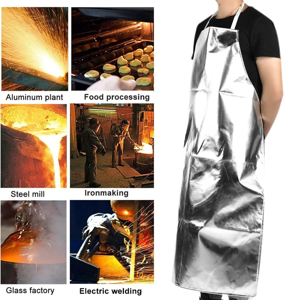 Rankšluostis Karščiui atspari prijuostė, aliuminio folijos prijuostė, 1000 °c, vandeniui atspari prijuostė, aukštos temperatūros darbo prijuostė, ugniai atspari prijuostė skirta maisto gaminimui, kepimui ant grotelių, darbui, pilka, L