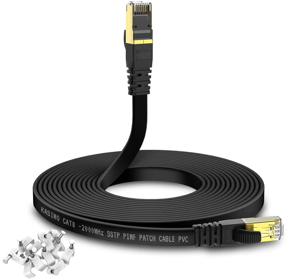 Kasimo Cat 8 Lan kabelis 10m plokščias 40 Gbit/s 2000 Mhz Rj45 juodas