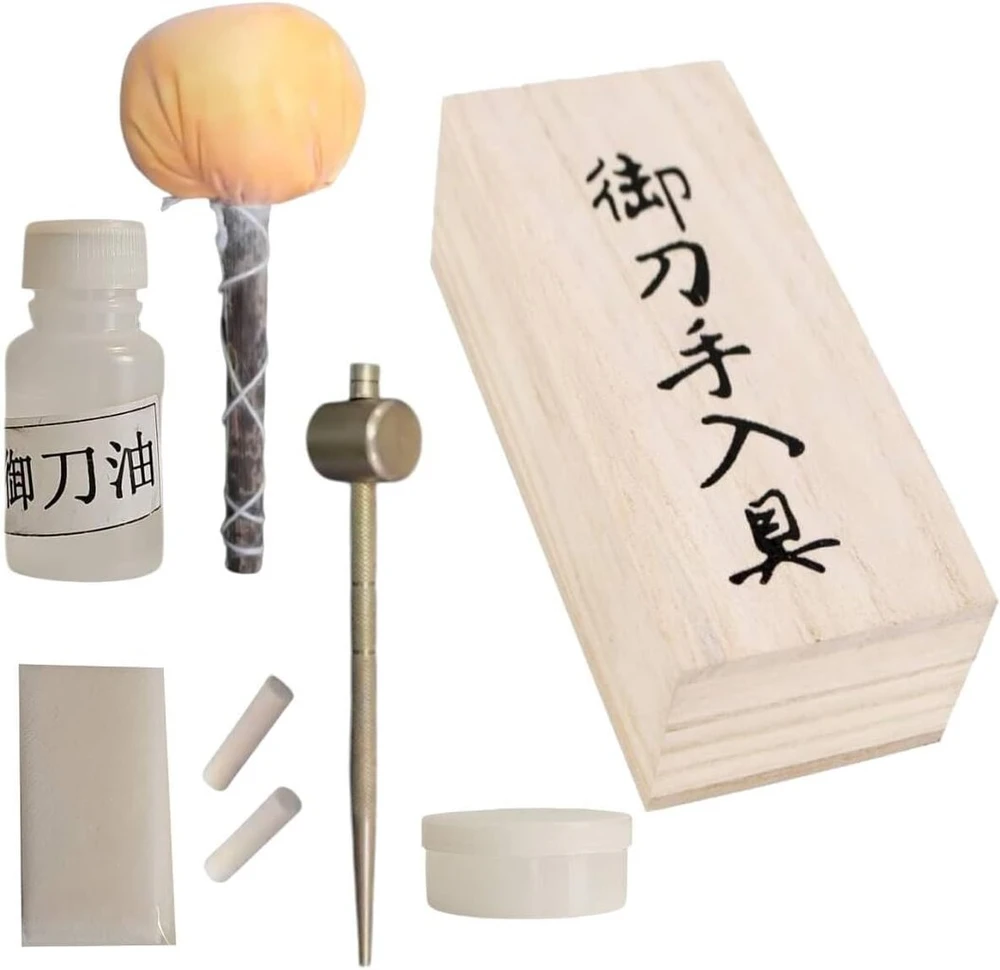Katana priežiūros ir valymo rinkinys medinėje dėžutėje - įskaitant Choji Abura, Uchiko, Bamboo Mekugi, Mekugi Nuki, Nuguigami - tradicinis samurajų kardo valymas ir priežiūra