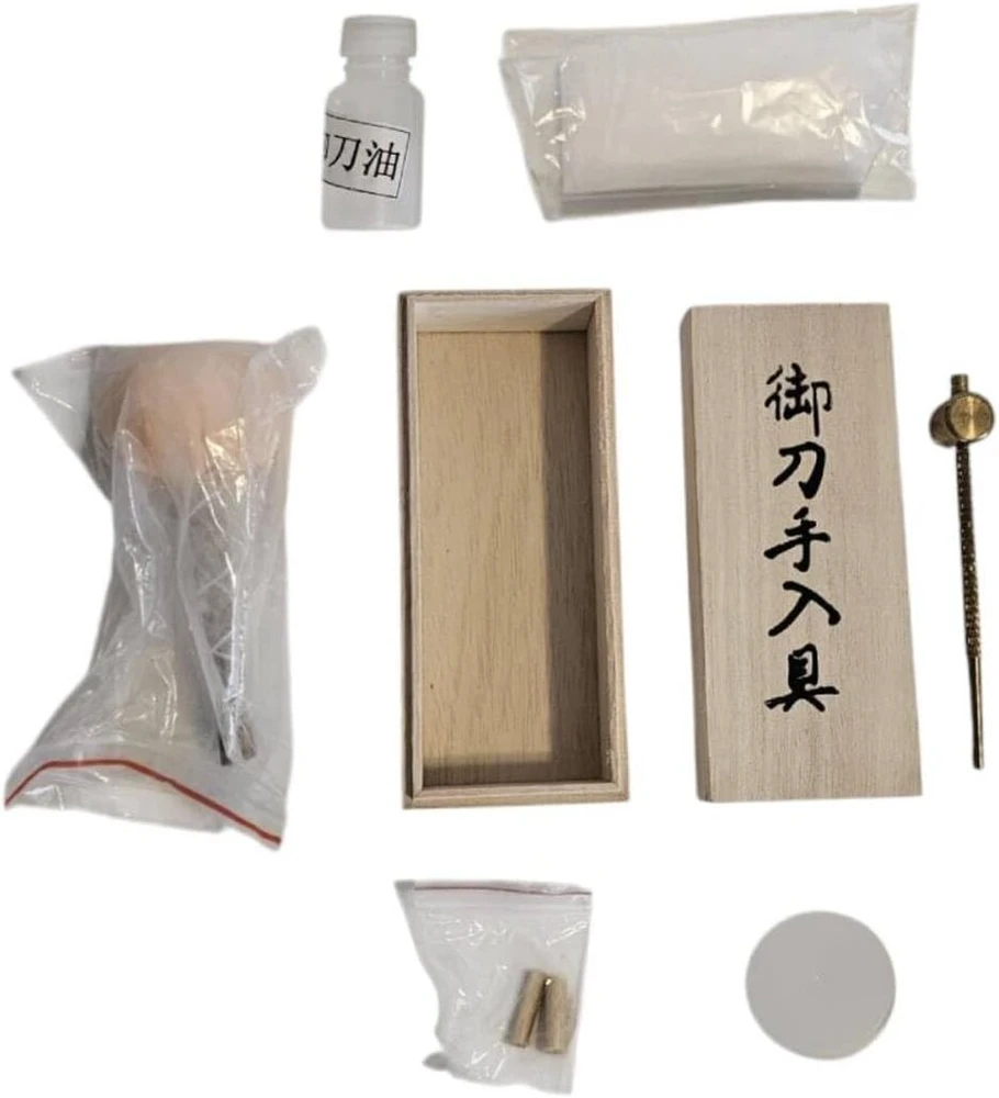 Katana priežiūros ir valymo rinkinys medinėje dėžutėje - įskaitant Choji Abura, Uchiko, Bamboo Mekugi, Mekugi Nuki, Nuguigami - tradicinis samurajų kardo valymas ir priežiūra