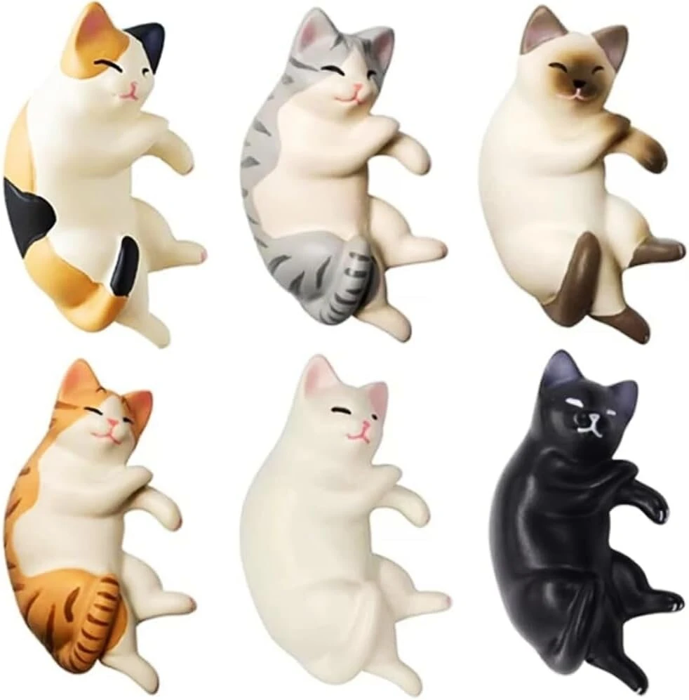 Katės formos magnetukai šaldytuvui, 6 gulintys katės formos magnetukai šaldytuvui, mini kawaii dekoratyviniai magnetukai virtuvei su stipriais magnetais, linksmi/mieli kačiuko magnetukai šaldytuvui