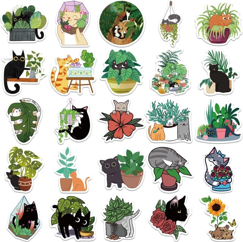 Katės ir augalų lipdukai nešiojamam kompiuteriui (50 vnt.), dovana vaikams, paaugliams, suaugusiems, berniukams, vandeniui atsparūs katės ir augalų lipdukai vandens buteliams, viniliniai lipdukai scrapbooking'ui, riedlentei, automobiliui