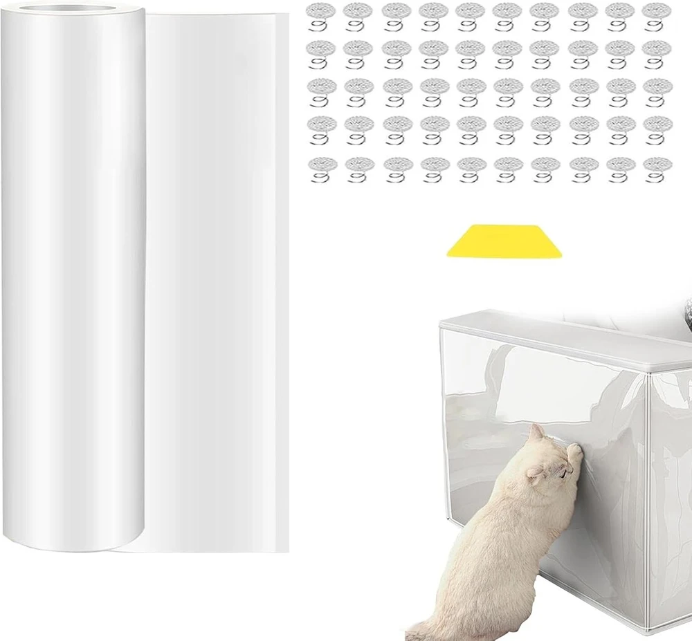 Katės sofos apsauga nuo įbrėžimų, 30 cm x 5 m, dvipusė pvc katės apsauga nuo įbrėžimų, sofos apsauga katei su 50 vinių, lipni plėvelė nuo įbrėžimų, pjaustoma, skirta stalo kampų ir sienų apsaugai
