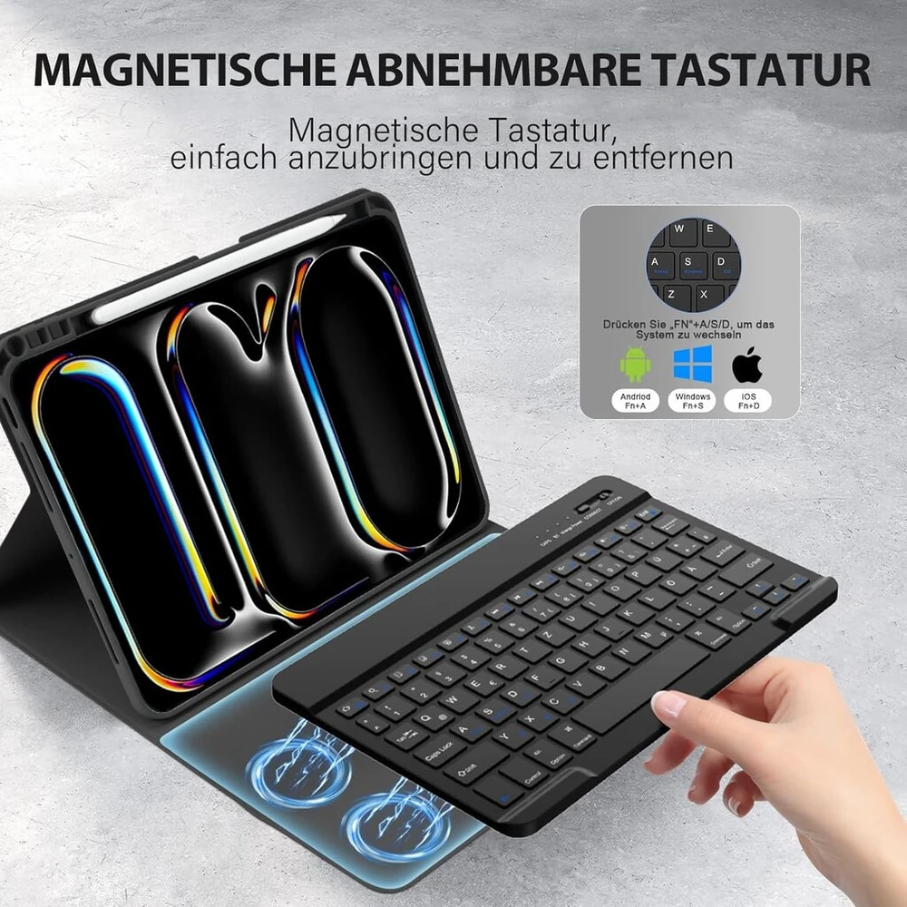 Kbcase klaviatūros dėklas, skirtas ipad pro 11 colių m4 2024, su vokiečių bluetooth klaviatūra su pieštuko laikikliu, skirtas ipad pro 11 colių m4 2024, qwertz išdėstymas, juodas