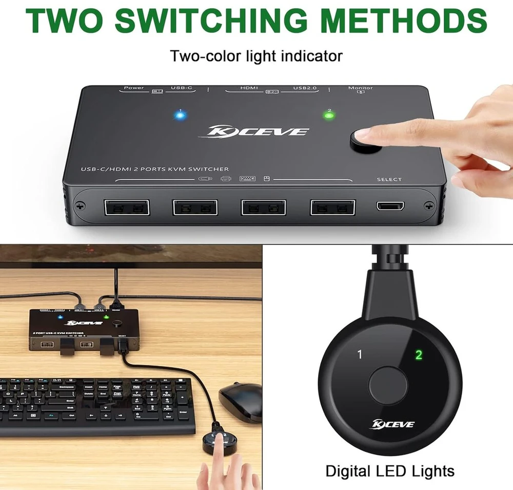 Kceve Usb-c Kvm jungiklis, skirtas 1 Type-c ir 1 Hdmi kompiuteriui, Kvm Type-c jungiklis palaiko 4k @ 60hz, klaviatūros, pelės ir monitoriaus bendrinimas, palaiko 87w Pd greitąjį įkrovimą