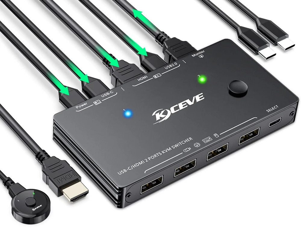 Kceve Usb-c Kvm jungiklis, skirtas 1 Type-c ir 1 Hdmi kompiuteriui, Kvm Type-c jungiklis palaiko 4k @ 60hz, klaviatūros, pelės ir monitoriaus bendrinimas, palaiko 87w Pd greitąjį įkrovimą