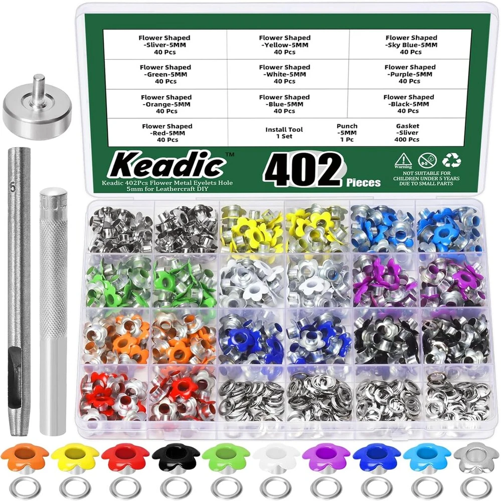 Keadic 402 vnt. 3/16 colio (5 mm) įvairiaspalvių metalinių antgalių su montavimo įrankių rinkiniu, gėlių siuvimo kilpelės odai, audiniui, drabužiams, diržui, batų amatų krepšiams, "pasidaryk pats" priedams (10 spalvų)
