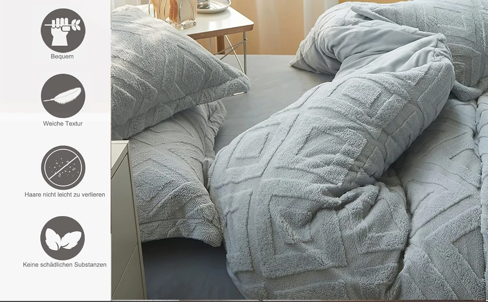 Keayoo pliušinis patalynės komplektas 135 x 200 cm, minkštas patalynės komplektas su pūkuotu teddy vilnos audiniu, ypač šiltas žiemai, pagalvės užvalkalas 80 x 80 cm (pilkas, 135 x 200)