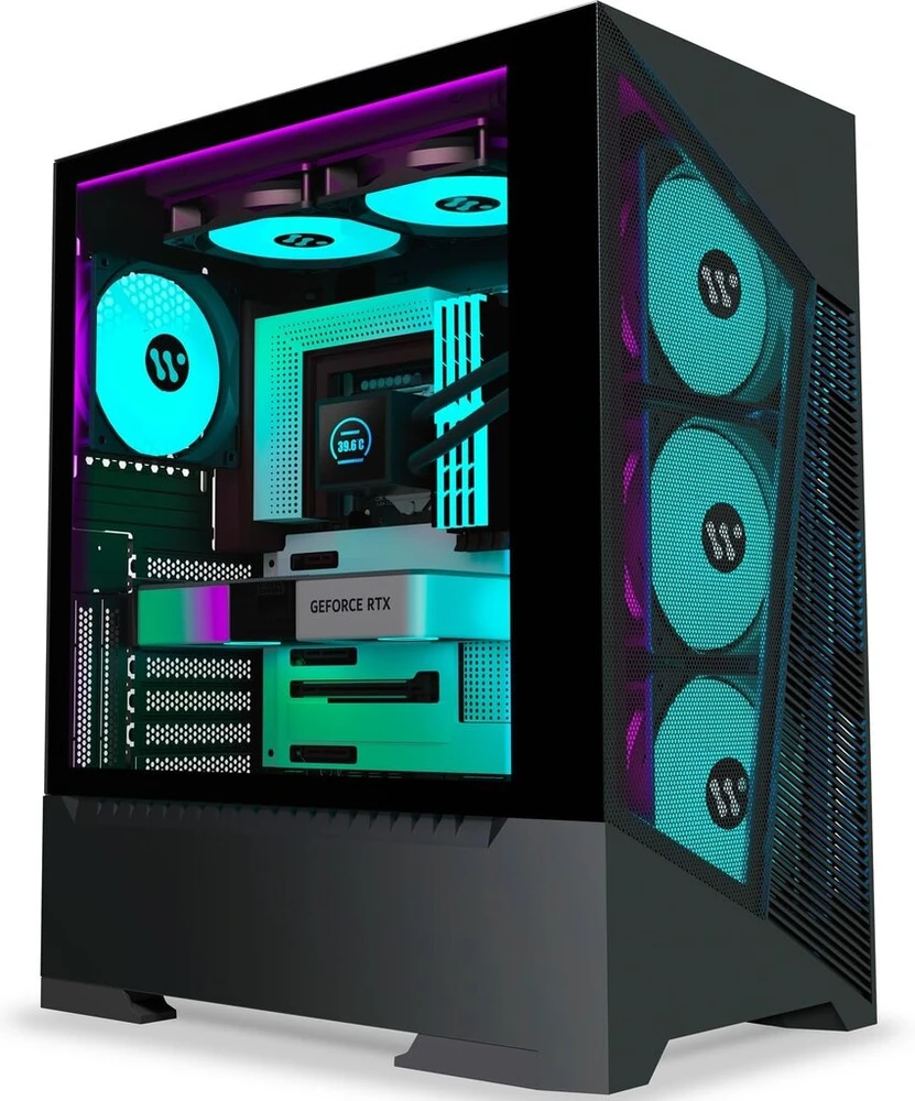 Kediers Pc korpusas – iš anksto įdiegti 6 Pwm ventiliatoriai, Atx Mid Tower žaidimų korpusas, tinklinis kompiuterio korpusas su atidaromu grūdinto stiklo šoniniu skydeliu (juodas, G300)