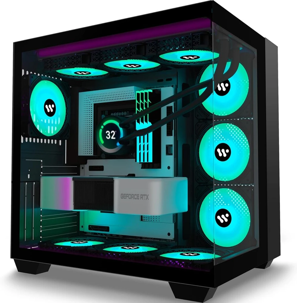 Kediers pc korpusas su iš anksto įdiegtais 9 argb ventiliatoriais, atx mid tower žaidimų korpusas, su dvigubo grūdinto stiklo viso ekrano kompiuterio korpusu, h9 (juodas)