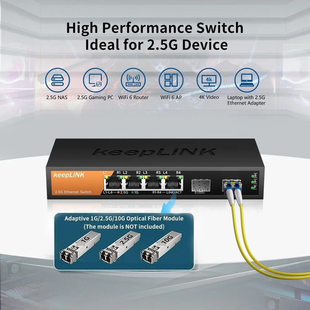 Keeplink 6 prievadų 2.5g nevaldomas komutatorius, 4 x 2.5gbase-t prievadai ir 2 x 10gbase-t sfp lizdai, 60 gbps perjungimo sparta, plug & play/montuojamas ant sienos/metalinė konstrukcija be ventiliatoriaus, suderinamas su 1000 mbps įrenginiais