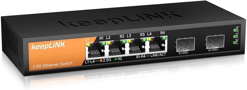 Keeplink 6 prievadų 2.5g nevaldomas komutatorius, 4 x 2.5gbase-t prievadai ir 2 x 10gbase-t sfp lizdai, 60 gbps perjungimo sparta, plug & play/montuojamas ant sienos/metalinė konstrukcija be ventiliatoriaus, suderinamas su 1000 mbps įrenginiais