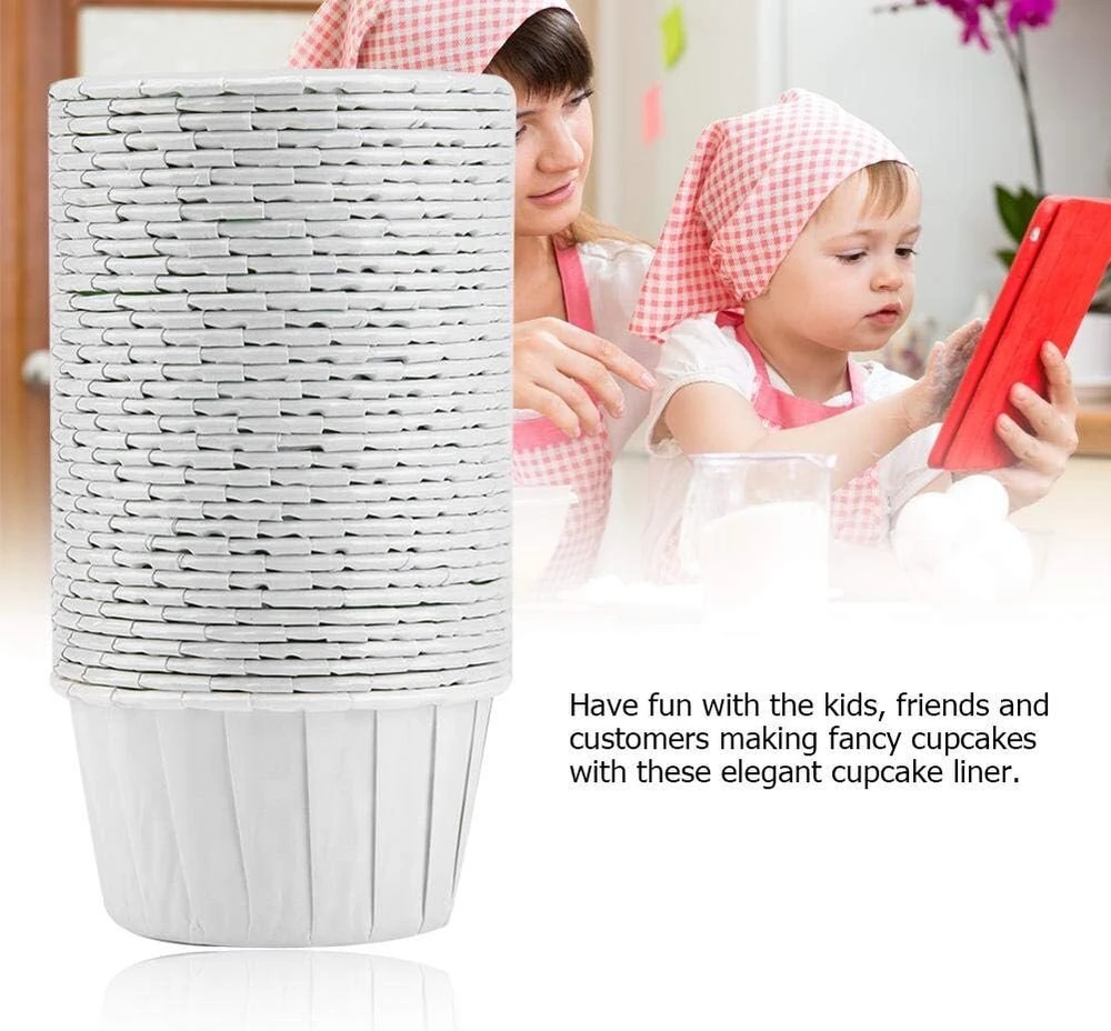Keksiukų formelės 100 vnt. apvalūs torto kepimo indai keksiukų įdėklai popieriniai puodeliai vestuvių gimtadienio vakarėliui daugkartinio naudojimo keksiukų formelės (balti)