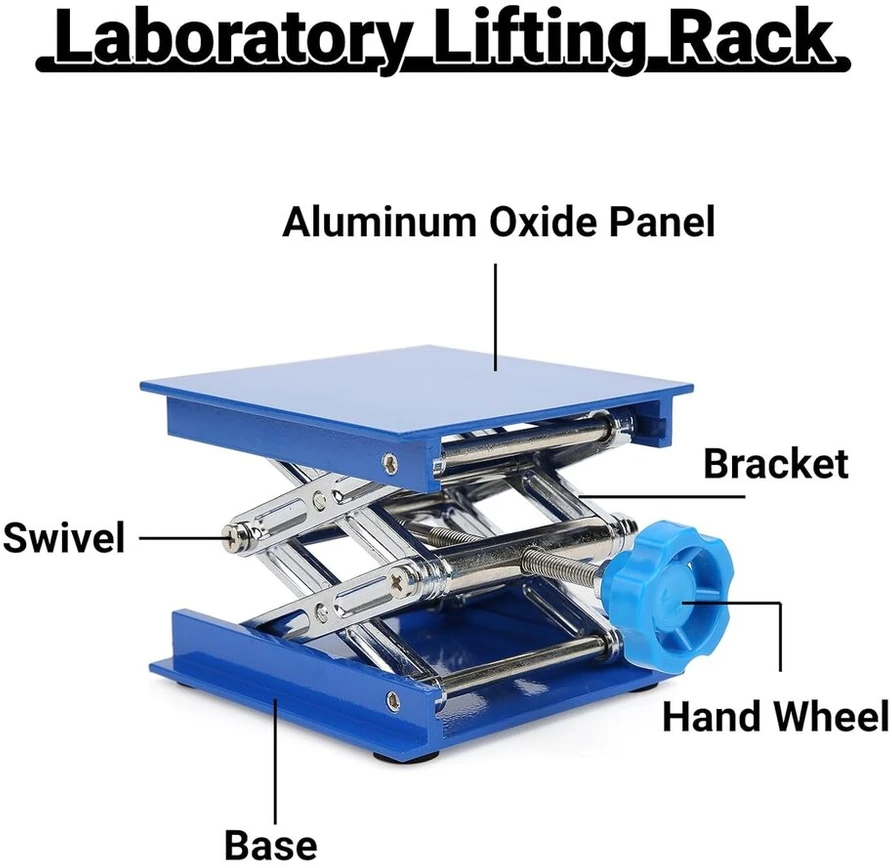 Mikroskopas Kėlimo staliukas 100 x laboratorinis domkratas, mikroskopo optinis 100 mm, mėlynas galvanizuotas aliuminis, laboratorinė kėlimo platforma, laboratorinis kėlimo stovas, stovas, žirklės, laboratorinis domkratas