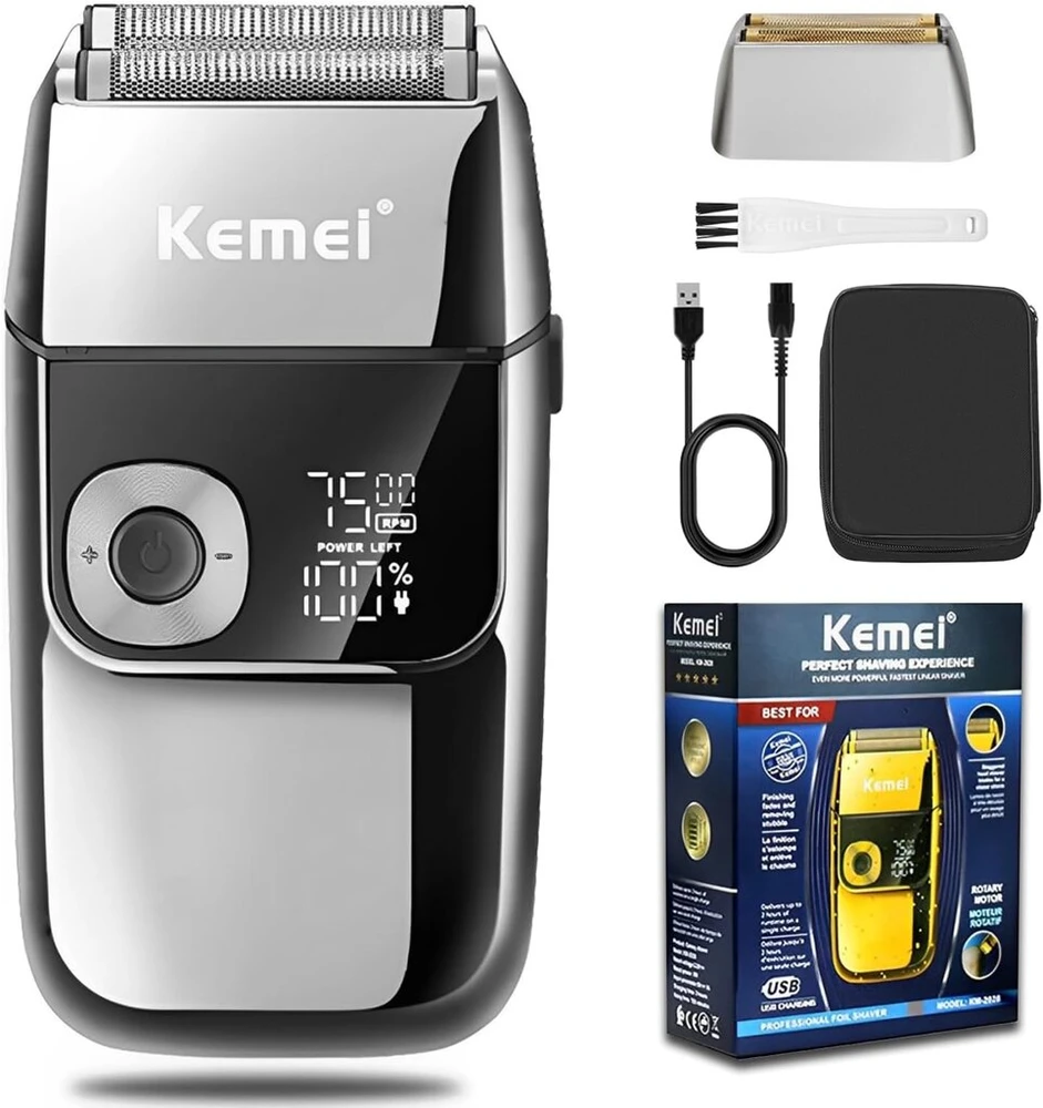 Kemei elektrinis skustuvas vyrams, belaidis, tikslus, įkraunamas, plaunamas, usb led indikatorius, ličio titano folijos skustuvas su kelionine dėžute