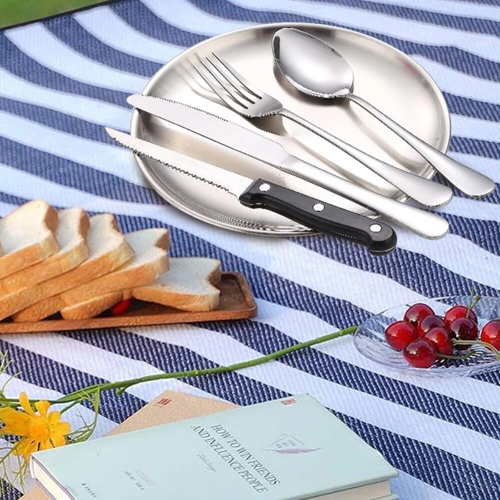 Kempingo indų rinkinys 2 asmenims, 10 dalių, nerūdijančio plieno iškylos indų rinkinys su šaukštu, šakute, peiliu, lėkštės spaustuku, nešiojamų stalo įrankių rinkinys kempingui ir iškylai