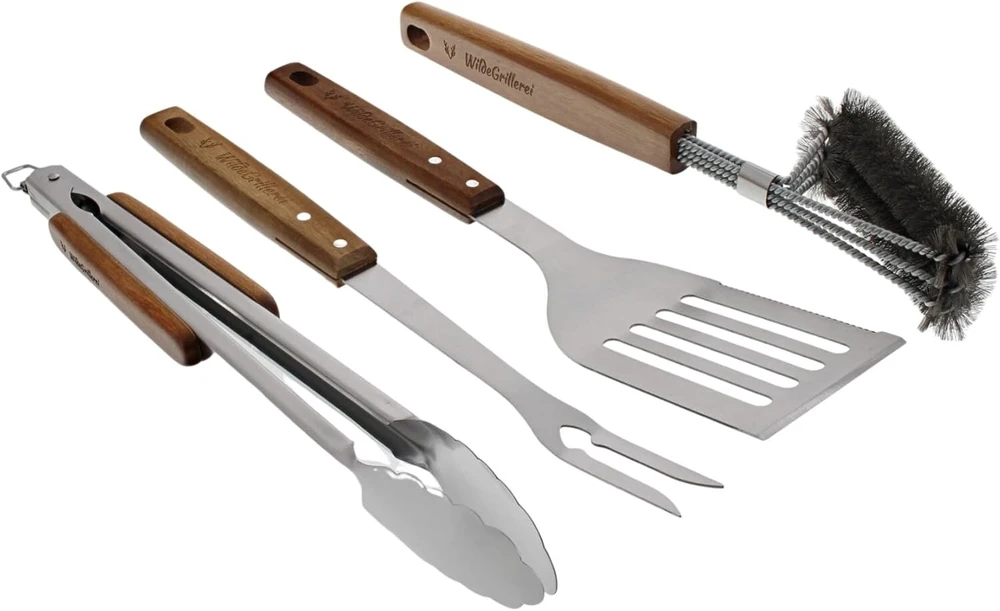 Kepsninės įrankių rinkinys 4 dalių nerūdijančio plieno grilio rinkinys 42 cm su medinėmis rankenomis ir pakabinimo kilpomis kepsninės priedai, susidedantys iš kepsninės žnyplių, grilio šepečio, grilio mentelės ir