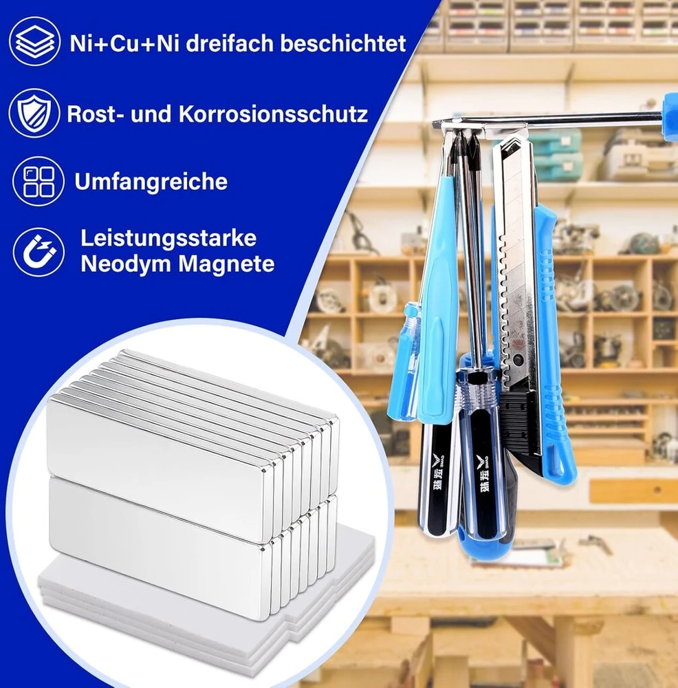 Keukenket 30 x 10 x 2 mm neodimio magnetai, ypač stiprūs, stiprūs magnetai su lipnia nugara, 16 stačiakampių stiprių magnetų rinkinys skirtas lentoms, virtuvėms, biurams