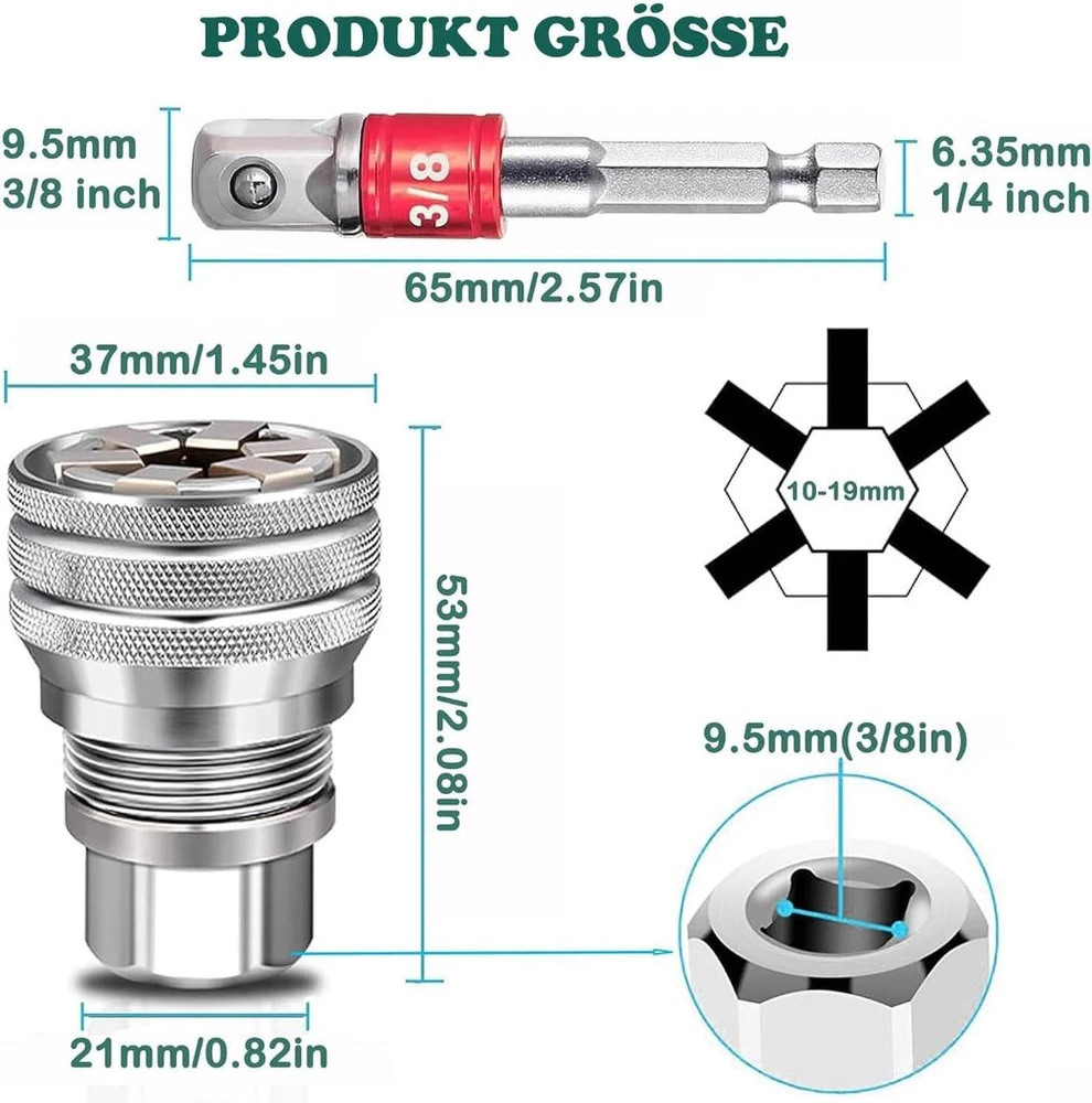 Kewayo reguliuojamas universalus galinis raktas 10-19 mm - Super galinis raktas su 65 mm adapteriu metrinėms 3/8-3/4 colių terkšlinėms veržlėms