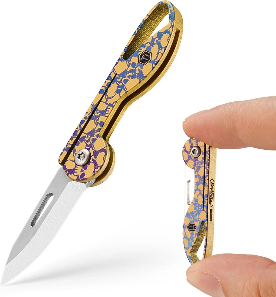 Keyunity Kk05 mažas titano sulankstomas peilis, mini Edc peilis su integruota raktų skylute, lengvas raktų pakabuko peilis stovyklavimui (ti29p)