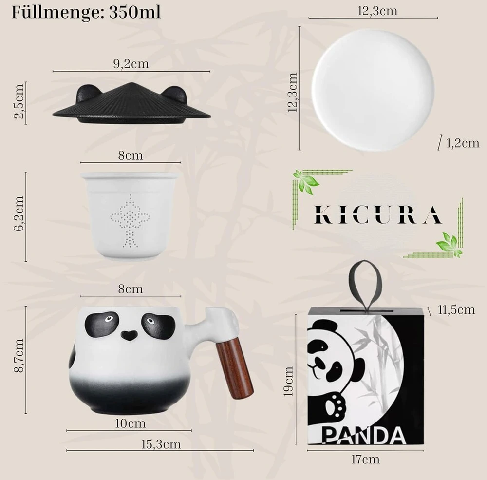 Kicura - Panda 350ml arbatos puodelių rinkinys - 4 dalių keramikinis rinkinys - medinė rankena su sietelio dangteliu ir lėkštute - puodelių rinkinys - arbatos mėgėjams ir dekoravimui - supakuota į dovanų dėžutę - 6 spalvos (mėtų žalia)