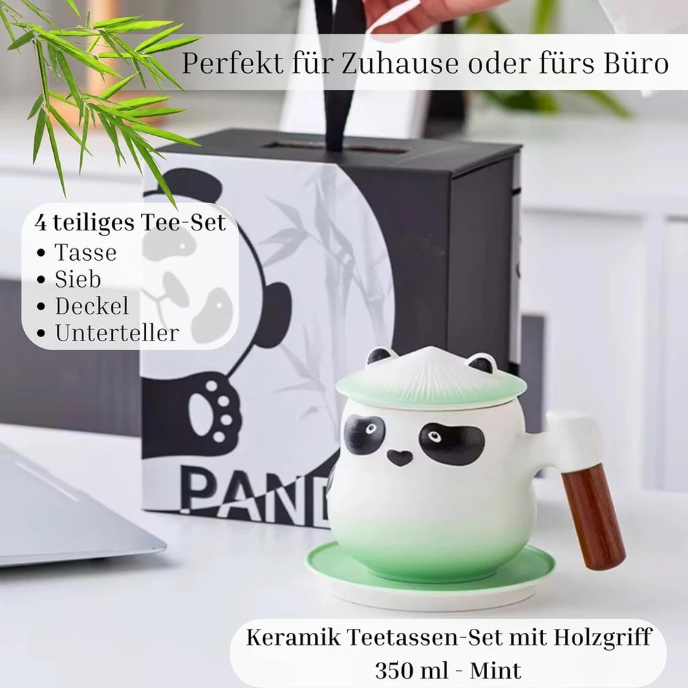 Kicura - Panda 350ml arbatos puodelių rinkinys - 4 dalių keramikinis rinkinys - medinė rankena su sietelio dangteliu ir lėkštute - puodelių rinkinys - arbatos mėgėjams ir dekoravimui - supakuota į dovanų dėžutę - 6 spalvos (mėtų žalia)