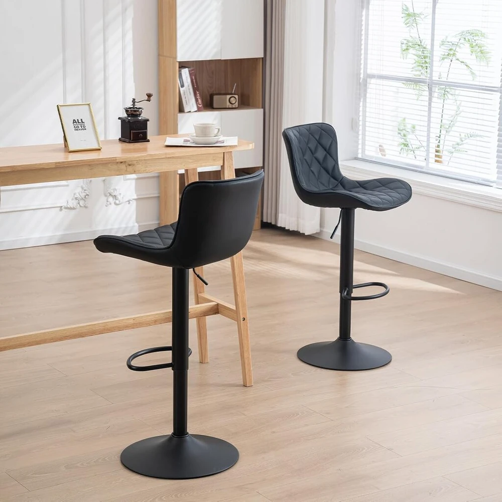 Kidol & Shellder baro kėdės, juodos, 2 vnt., pramoninės virtuvės, besisukančios, reguliuojamo aukščio, su aukšta atlošo dirbtinės odos pagalvėle, greitas surinkimas
