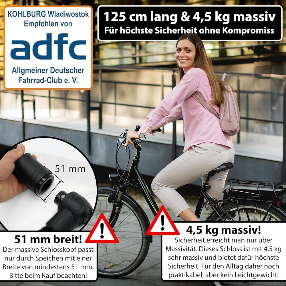 Kietas grandininis užraktas Kohlburg, 125 cm ilgio [apsauga nuo žirklių], aukščiausio 15 lygio - užraktas motociklui, motoroleriui, elektriniam dviračiui, elektriniam paspirtukui ir dviračiui - motociklo užraktas ir didelio saugumo dviračio užraktas