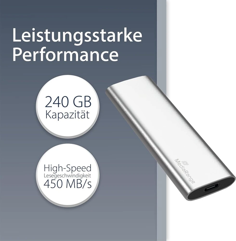 Kietasis diskas Mediarange išorinis ssd diskas 240 gb - usb type-c solid state drive su 3.2 gen 2 flash technologija, žaibiškas duomenų perdavimas, skaitymas iki 450 mb/s, rašymas iki 420 mb/s