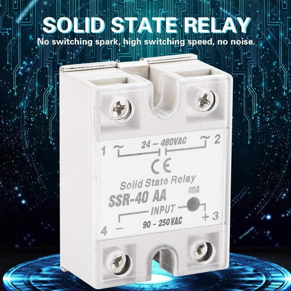 Kietojo kūno relė Ssr-40aa, 40a Ac-ac, 90-250v Ac įvestis, 24-480v Ac išvestis