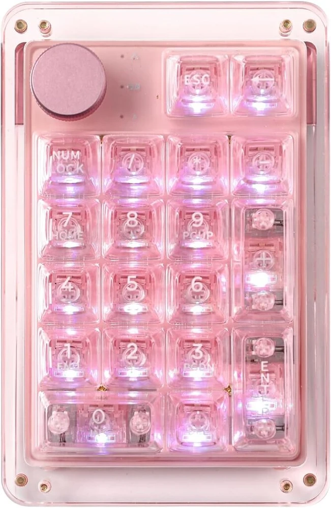 Kiiboom Phantom 21 Hot Swappable Crystal Acrylic Numpad, Bt5.0/2.4ghz/usb-c Triple Mode Nkro programuojama skaičių klaviatūra su pasukamu mygtuku, South Facing Rgb, 1900mah baterija (rožinė)