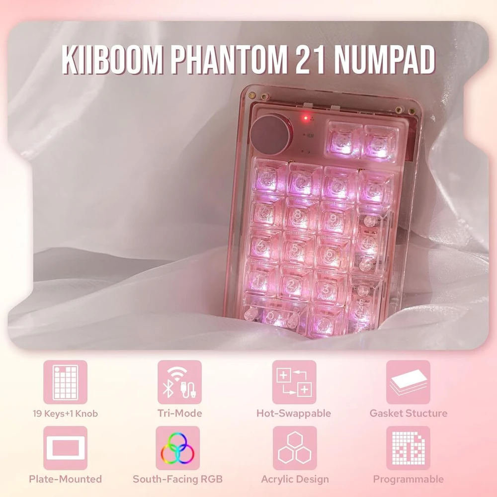 Kiiboom Phantom 21 Hot Swappable Crystal Acrylic Numpad, Bt5.0/2.4ghz/usb-c Triple Mode Nkro programuojama skaičių klaviatūra su pasukamu mygtuku, South Facing Rgb, 1900mah baterija (rožinė)