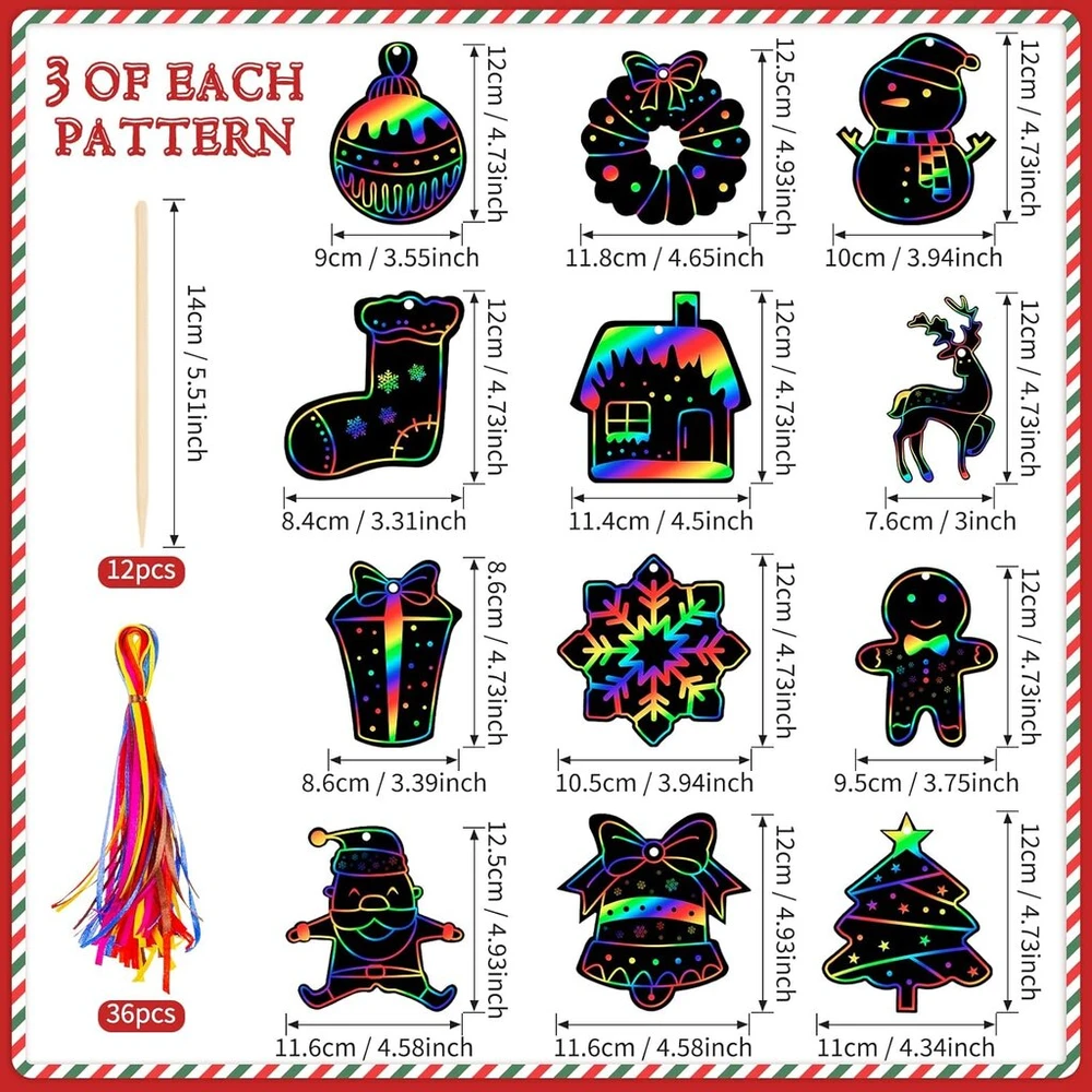 Dėlionė Kiiwah 36 Kalėdinių paveikslėlių rinkinys vaikams, Kalėdinis braižymo popierius "rainbow Scratch Art" su 36 kaspinėliais ir 12 medinių rašiklių vaikų amatams, Kalėdinių dovanų dėžutės, Kalėdų eglutė