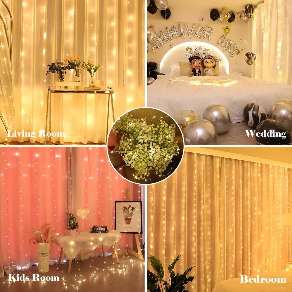 Kimuwote vidaus šviesos užuolaida, 3 x 3 m, 300 Led girlianda, Usb Led girlianda su 8 režimais, girlianda Kalėdoms, langui, sienai, kambariui, vakarėliui, dekoracijai, užuolaida