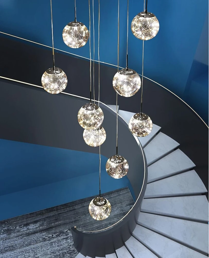 Kinbolas pakabinamas šviestuvas su 15 stiklinių burbulų, modernus reguliuojamo aukščio sietynas laiptams, koridoriui, su Led laidu 4000 K - 60 x 300 cm, pilkas pakabinamas šviestuvas