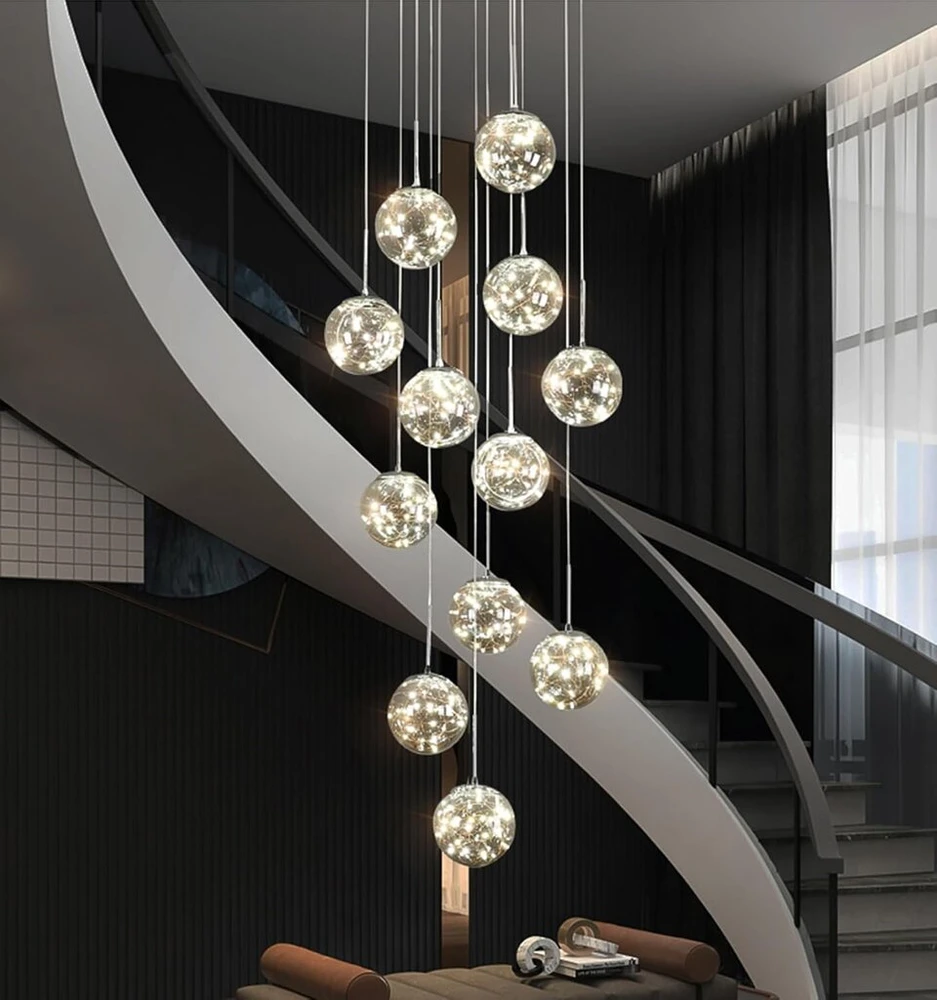 Kinbolas pakabinamas šviestuvas su 15 stiklinių burbulų, modernus reguliuojamo aukščio sietynas laiptams, koridoriui, su Led laidu 4000 K - 60 x 300 cm, pilkas pakabinamas šviestuvas