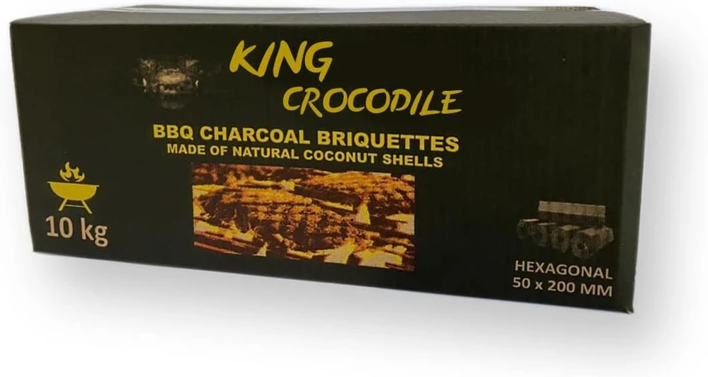 King Crocodile kokosų anglis su ilgu degimo laiku I šešiakampė kepsninės anglis I mažai pelenų I mažai dūmų I tvari natūrali anglis I profesionalios kokybės anglies stulpeliai I 10 kg