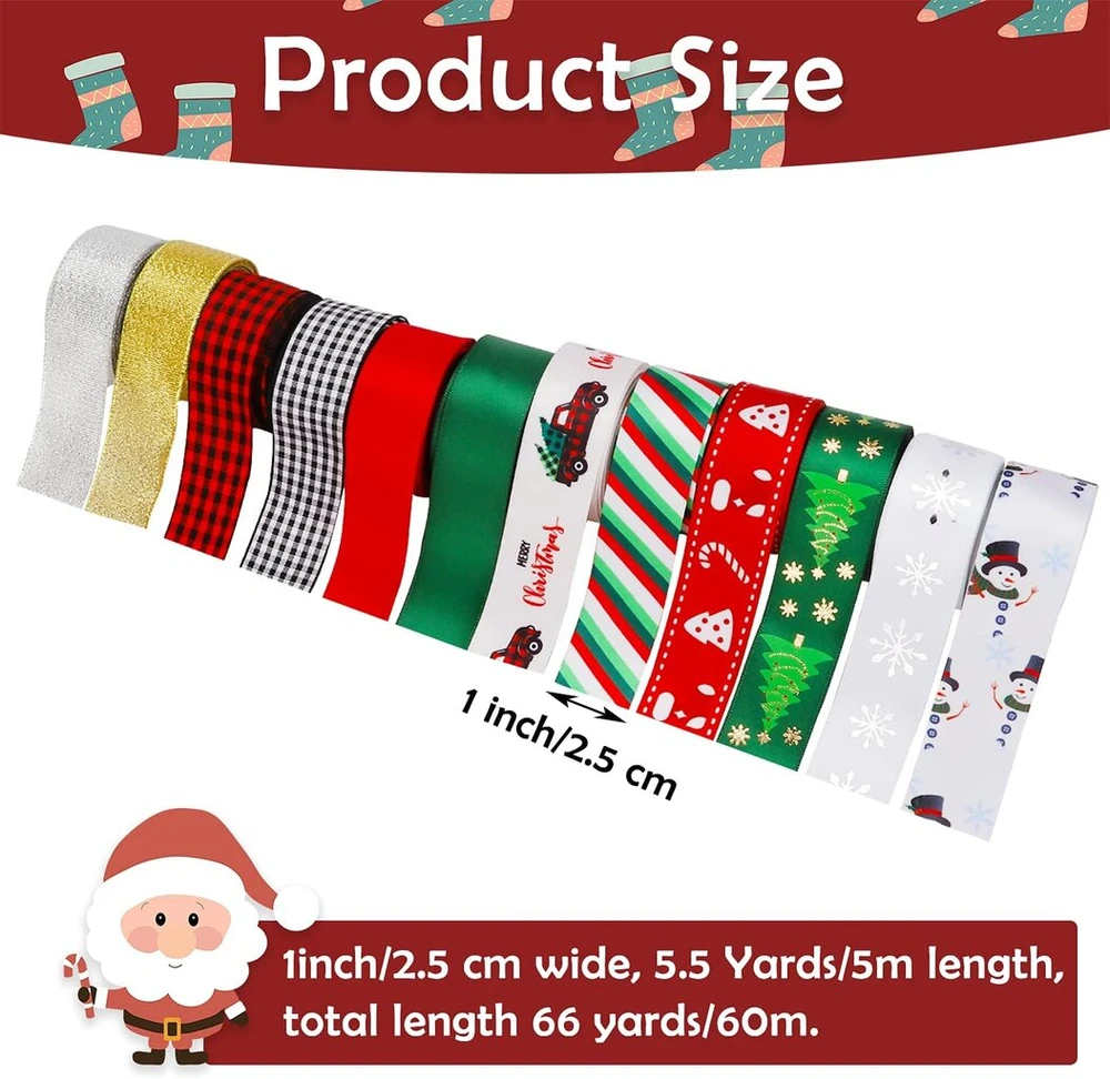 Kingovalley 12 kalėdinių juostelių ritinių, 2,5 cm x 4,5 m, kalėdinės temos, spausdintos satino grosgrain juostelės aukso ir sidabro metalo blizgučių juostelės kalėdinėms dovanoms, žiemos šventėms, festivalio dekoravimui