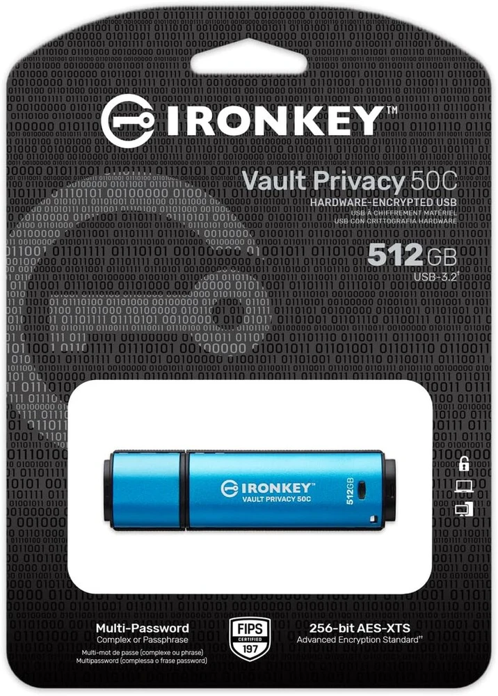 Kingston Ironkey Vault Privacy 50 Fips 197 Type-c sertifikuotas ir Xts-aes 256 bitų šifruotas Usb atmintukas didesnei duomenų apsaugai - Ikvp50c/512gb