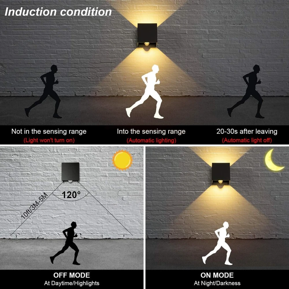 Kingwei 4 x led lauko sieninis šviestuvas 12 w su judesio davikliu, ip65, šiltai balta 3000 k, reguliuojamas spindulio kampas, juodas