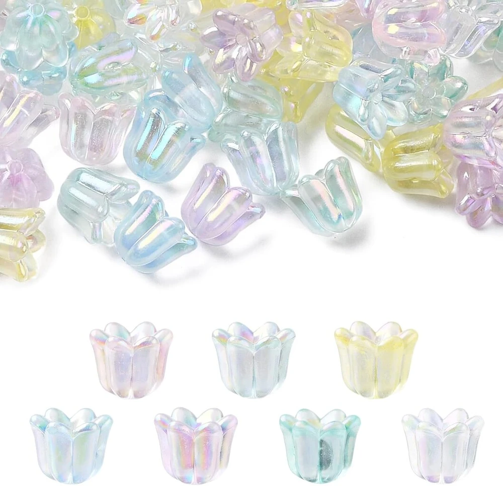 Kitbeads 300 vnt. gėlių karoliukų kepurėlės, nepermatomos Ab spalvos, dengti varpelio formos karoliukai, akriliniai trimito formos galiniai dangteliai papuošalų gamybai urmu
