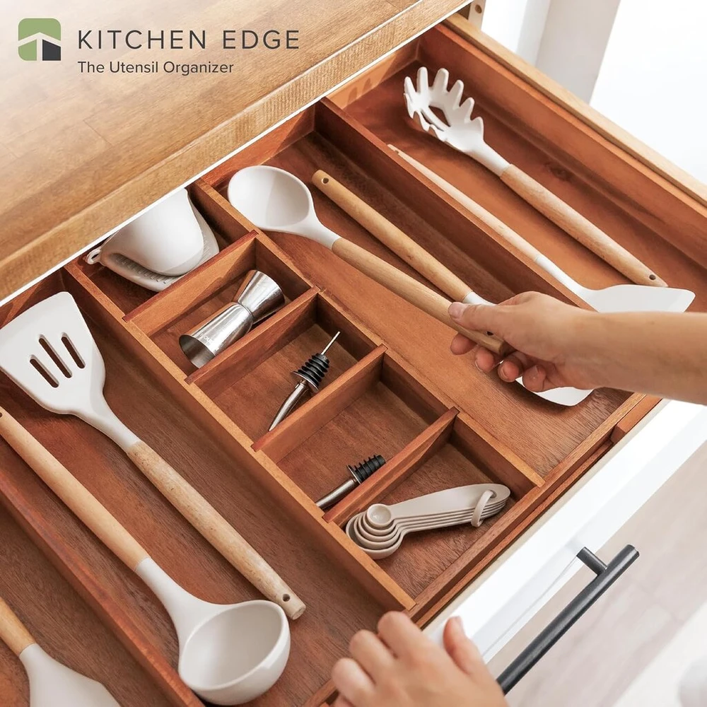 Kitchenedge Premium įrankių ir stalo įrankių stalčių organizatorius, išplečiamas nuo 40 iki 71 cm pločio, 10 skyrių, maistinis premium akacijos medienos apdaila, virtuvės laikymo dėklas