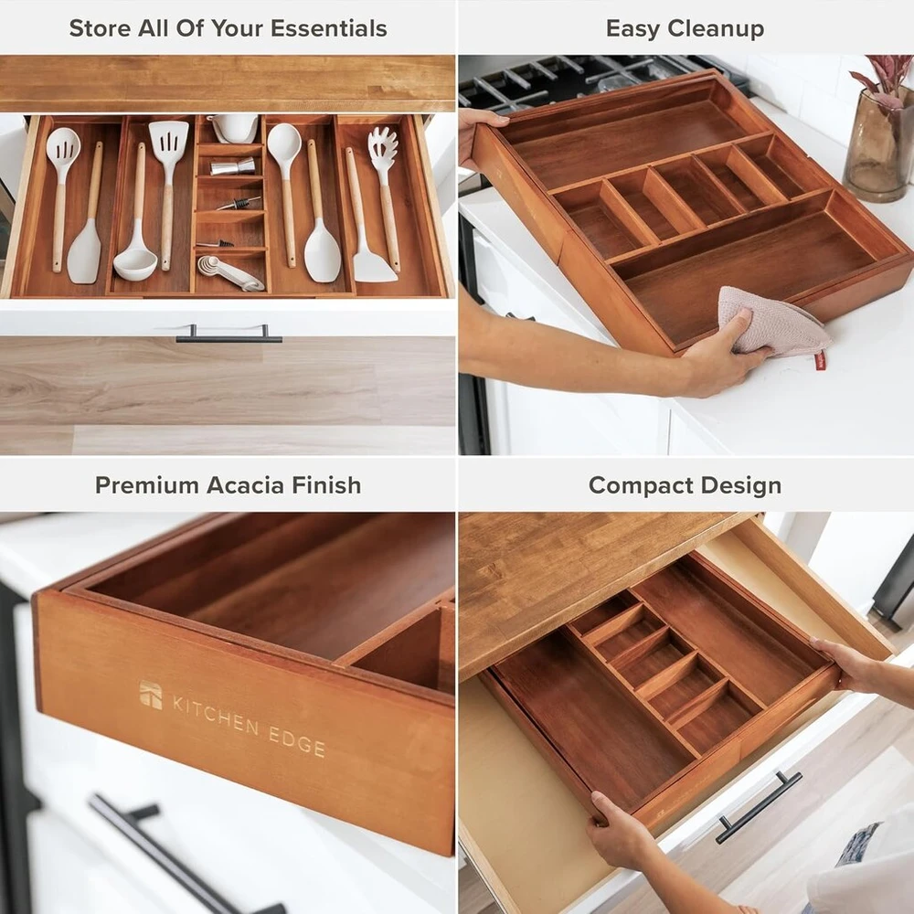 Kitchenedge Premium įrankių ir stalo įrankių stalčių organizatorius, išplečiamas nuo 40 iki 71 cm pločio, 10 skyrių, maistinis premium akacijos medienos apdaila, virtuvės laikymo dėklas